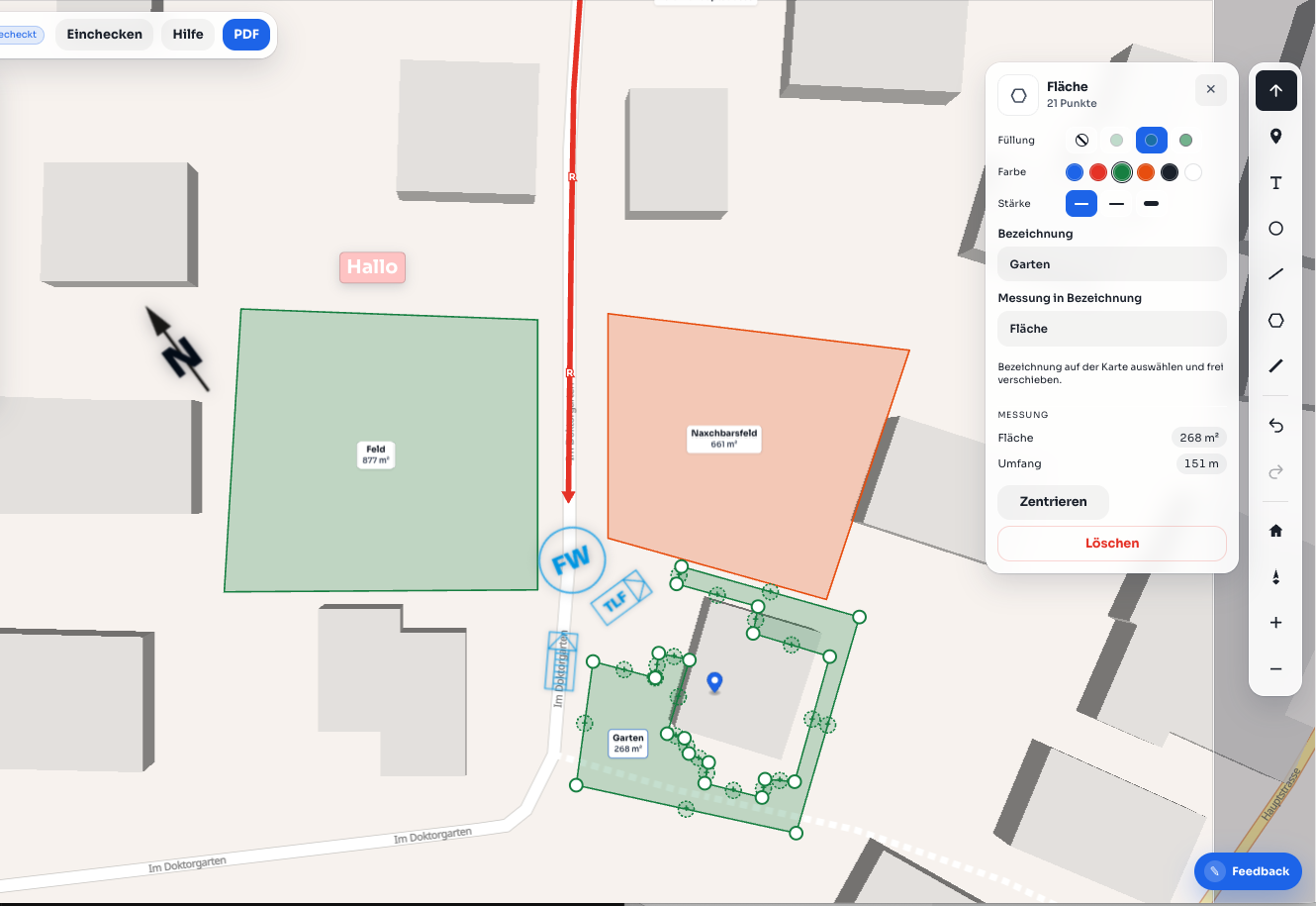 Lageplan mit Symbolen auf der Karte